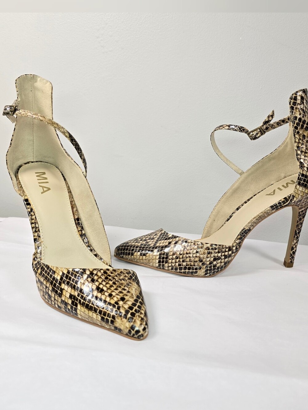 MIA Snake-Print Pointed Toe Ankle Strap Pumps in Beige